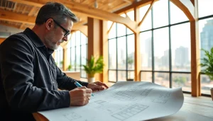 Showcasing timber frame solutions in a detailed architectural blueprint by a focused architect.