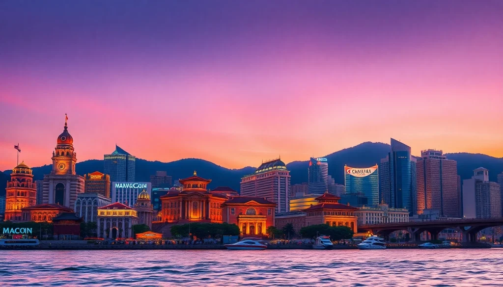 Menampilkan keindahan lemacau dengan bangunan ikonik di latar belakang pada waktu senja.