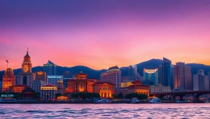 Menampilkan keindahan lemacau dengan bangunan ikonik di latar belakang pada waktu senja.