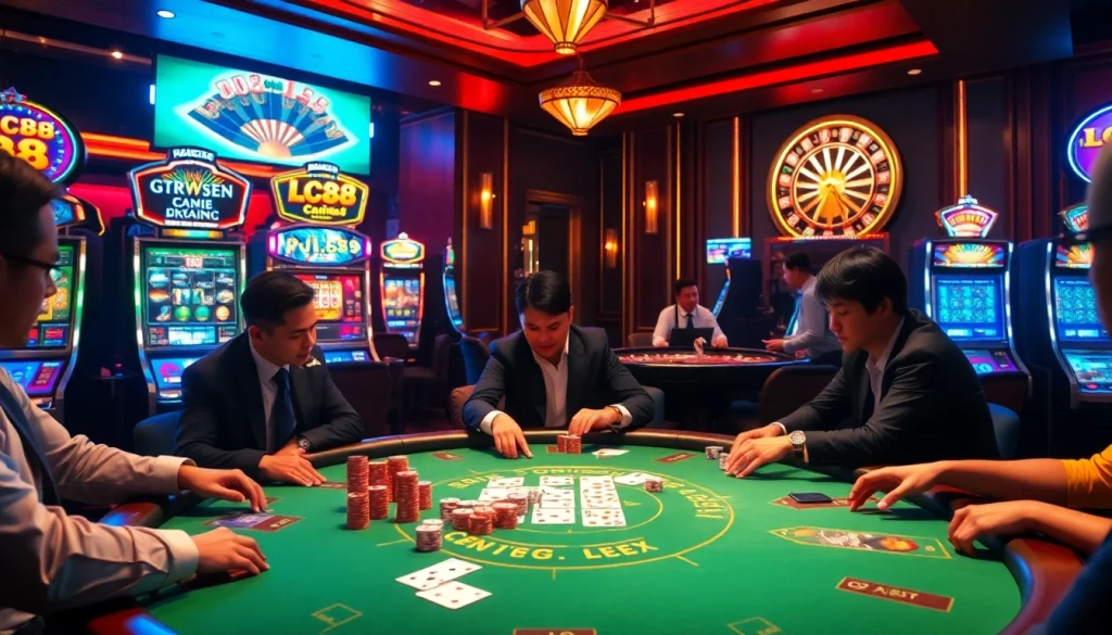 Immerse in the excitement of LC88 with a high-stakes poker game at an elegant casino table.