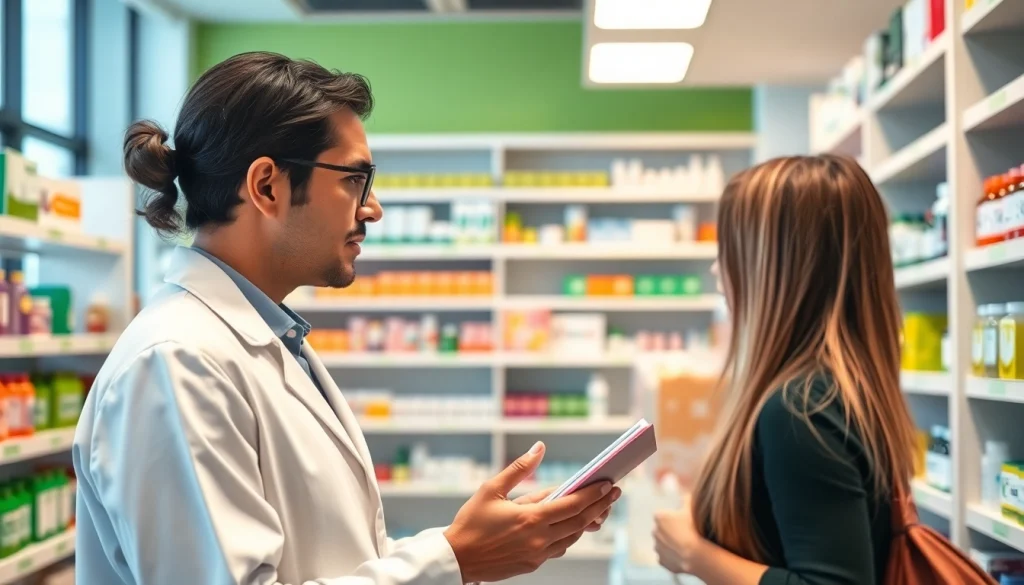 Engaging pharmacist assisting a customer at MediClick Pharmacy with friendly advice.