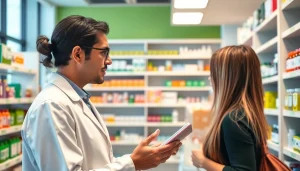 Engaging pharmacist assisting a customer at MediClick Pharmacy with friendly advice.