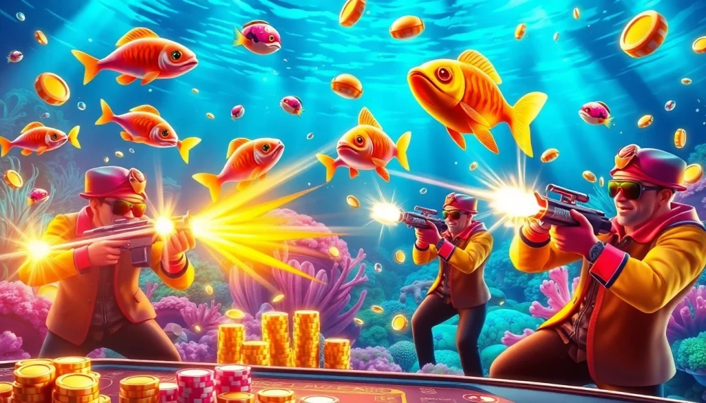 Exciting bắn cá đổi thưởng gameplay showcasing colorful fish and vibrant weaponry in a dynamic casino environment.