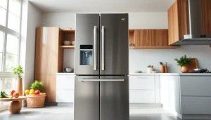 Refrigerator in a modern kitchen, showcasing stainless steel and organized space.
