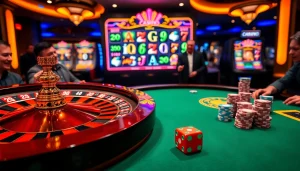 Scène excitante de joueurs au meilleur casino en ligne, profitant du poker et de la roulette sous un éclairage doré.