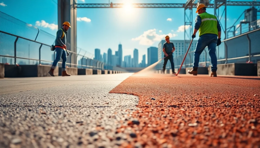 Highlighting surfacing solutions in action with skilled workers enhancing urban pavement.