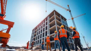 Construction workers collaborating on a construction site with tools and equipment.