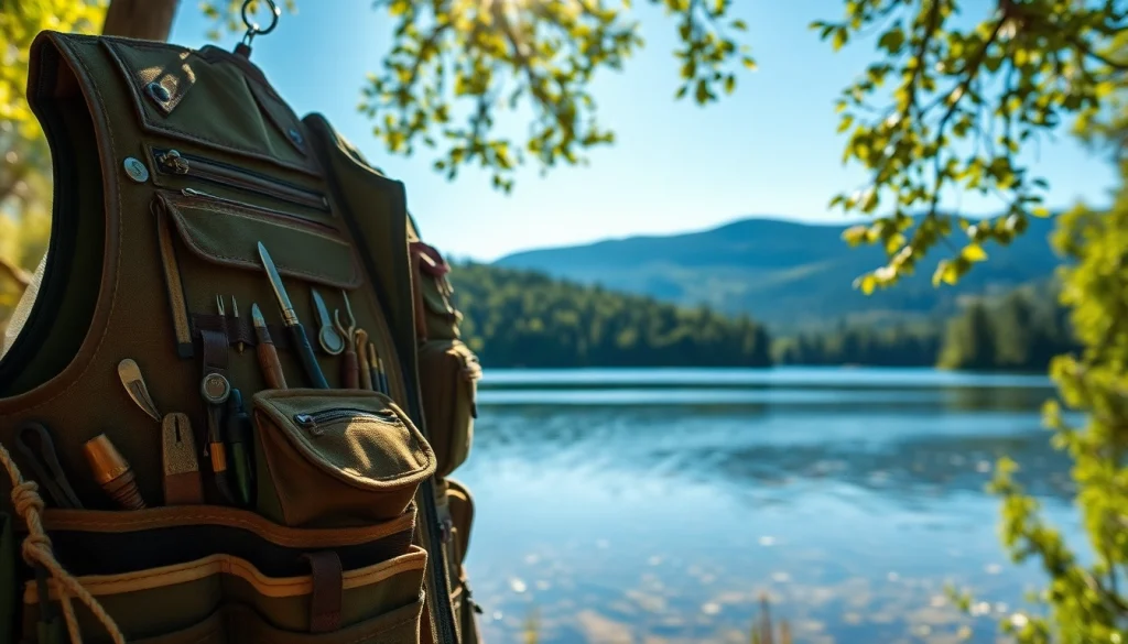 Fly fishing vest displayed with tools by a serene lake, emphasizing nature.