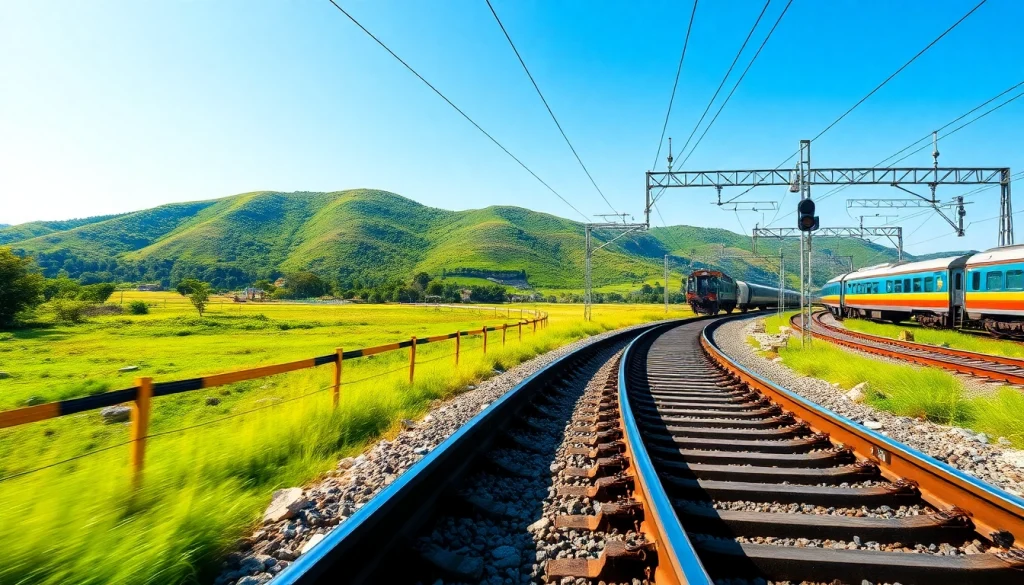 Identify universal rail tracks in a vibrant landscape with modern trains.