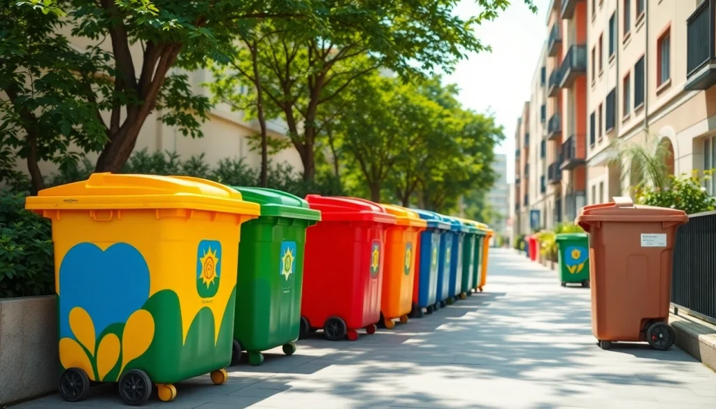 Showcase of garbage bins rental in a vibrant urban setting with lush greenery.