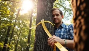 Engage with a tree consultancy expert measuring an impressive tree in a vibrant forest.