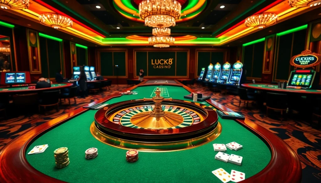 LUCK8 casino scene featuring a vibrant roulette wheel and excited players betting.