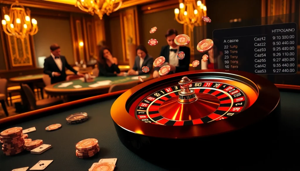 Experience the thrill of gambling at https://whycazino.com/ with a luxurious casino scene featuring roulette and poker elements.