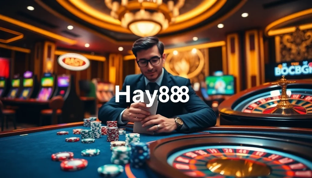 Experience the excitement of Hay88 casino with vibrant gaming tables and stylish decorations.