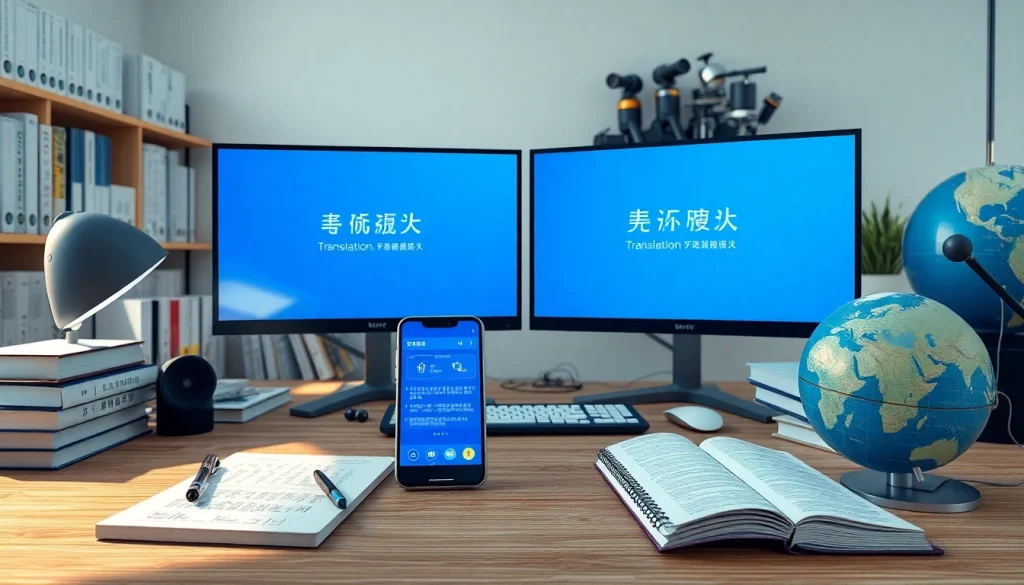 Showcasing the 有道翻译 interface in a modern office setting, emphasizing translation technology.