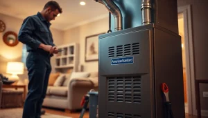 Technician installing an american standard furnace in a cozy home setting.
