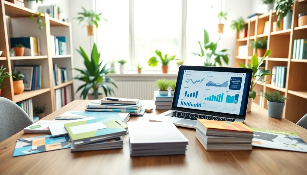 Apex Direct Mail marketing workspace featuring colorful brochures and analytics for effective campaigns.