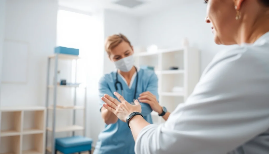 Physiotherapie Stuttgart: Fachkundige Behandlung eines Patienten durch Physiotherapeutin in moderner Klinik.