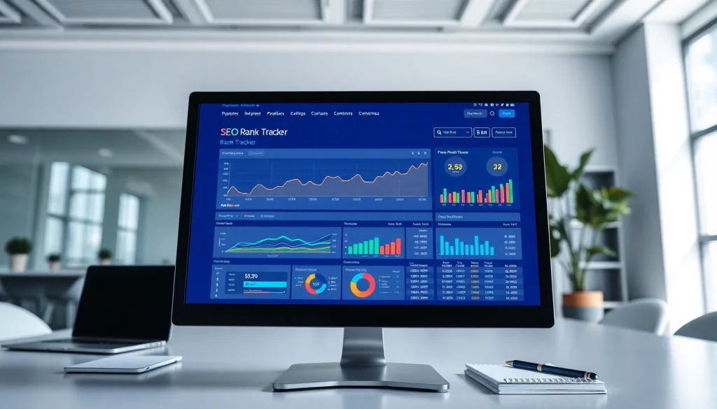 Track SEO performance efficiently with the SEO Rank Tracker interface on a modern computer.