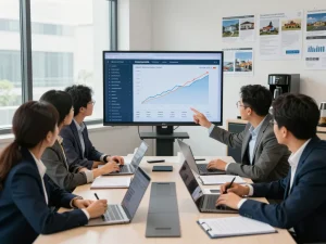 Collaborative meeting of Nationwide investors group analyzing real estate market data in a modern office.