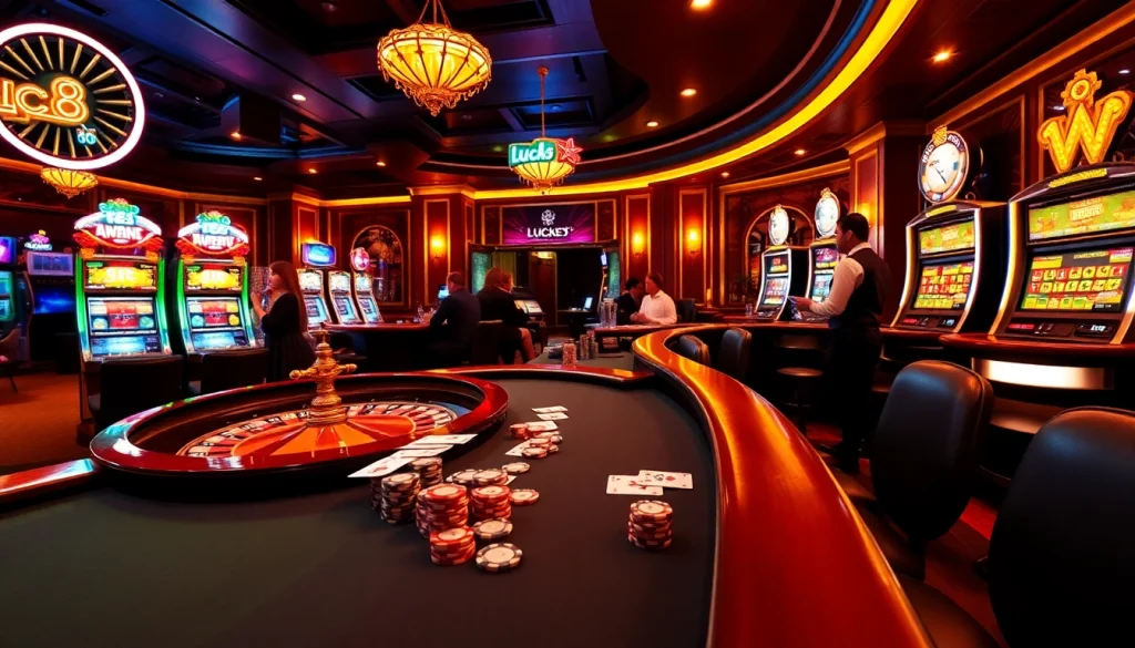 Experience exhilarating gaming action at Luck8 with vibrant tables and slot machines.