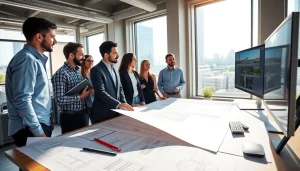 Team of Railroad Design Consultants reviewing engineering plans in a modern workspace.