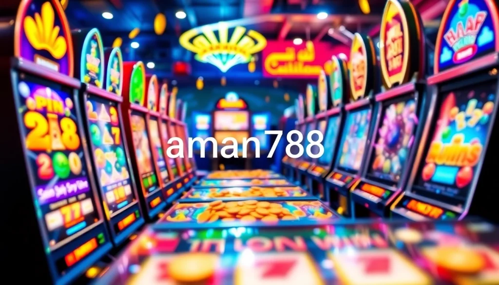 Aman788 logo on colorful slot machines showcasing jackpots and bonuses.
