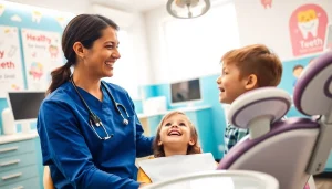 Children's orthodontist Hawthorn interacting with a young patient in a colorful clinic.