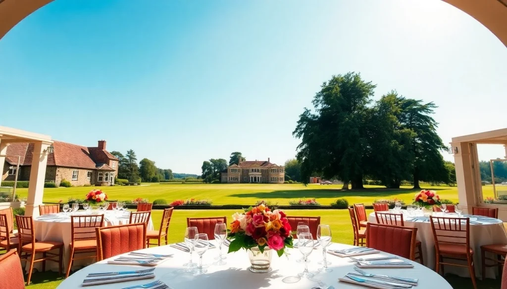 Stowe Venue Hire with beautifully arranged banquet table and scenic gardens.