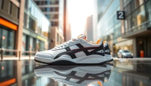 레플리카 스니커즈가 세련된 도시 환경에서 돋보이는 모습