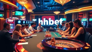 Players engaging in thrilling games at Shbet Casino with vibrant slot machines and poker tables.