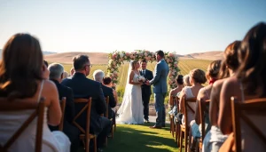 Couple sharing vows during a Clarksburg wedding ceremony amidst a vineyard setting.