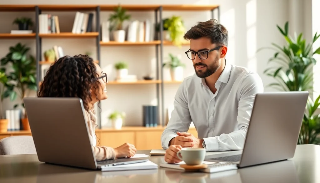 Career consultant advising a client in a professional office environment with a welcoming atmosphere.