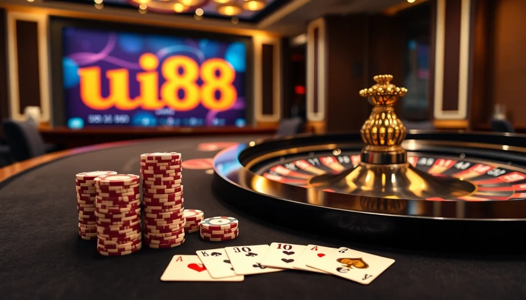 Experience the thrill of gambling at uu88, showcasing casino tables and vibrant gaming elements.