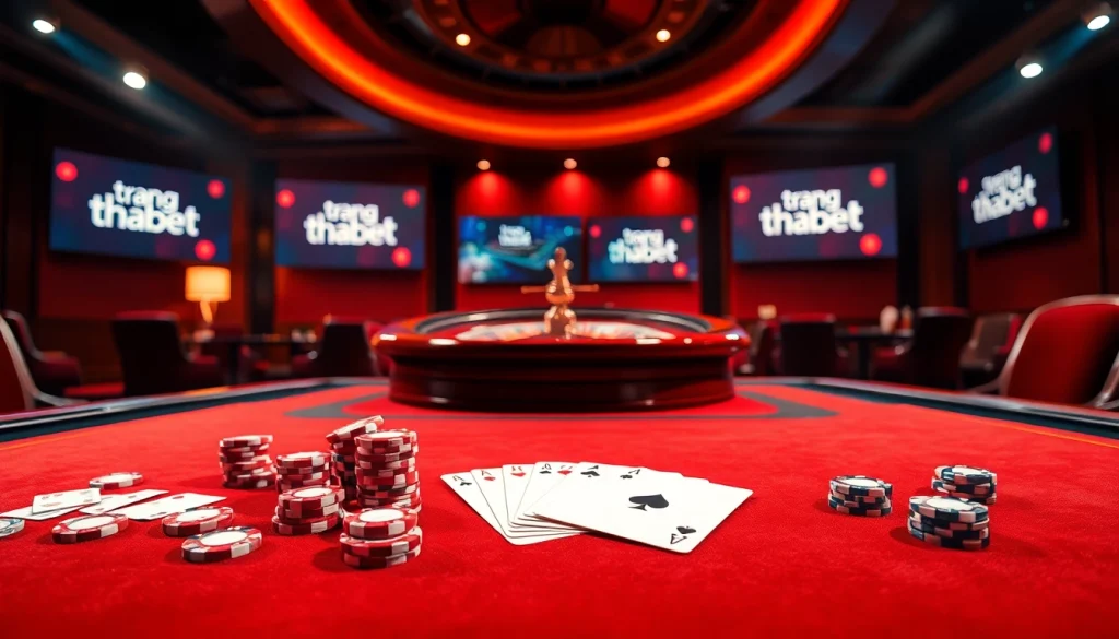 Engage in gambling excitement at trang chủ thabet's luxurious casino table with vibrant poker chips and winning cards.