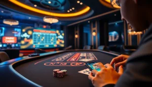 카지노사이트에서 바카라를 즐기는 플레이어의 매력적인 장면, 럭셔리와 기술을 강조합니다.