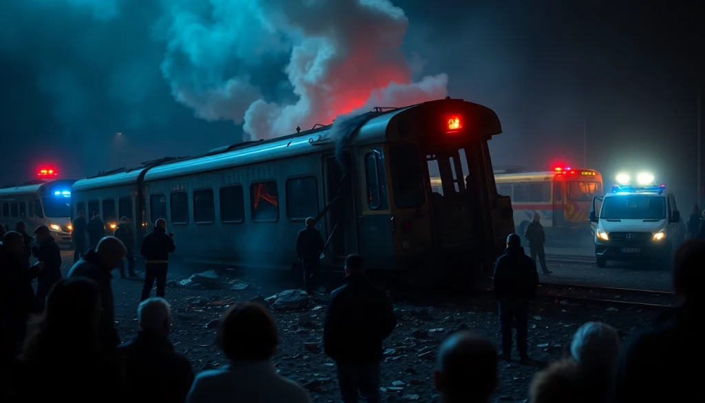 Scene capturing the aftermath of a spain train crash showing emergency responders and wreckage.
