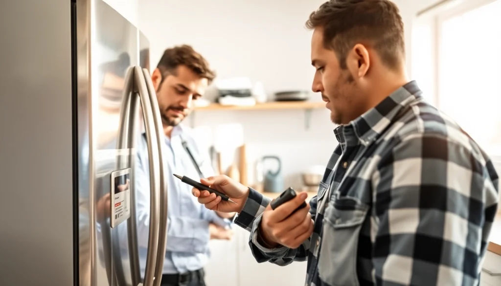 Technician performing refrigerator repair in a bright kitchen with professional tools.