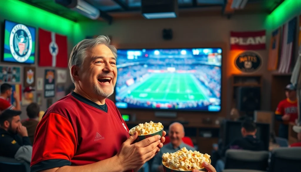 Excited sports fan engaging in live 토토스토리 sports broadcasting experience.