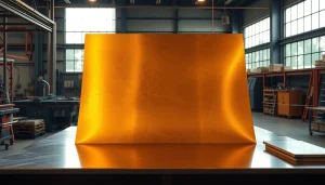 Foaie de tabla bronz expusă într-un atelier profesional de prelucrare a metalelor cu uneltele și iluminare caldă.