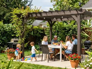 Configuratore pergola online showcased in a vibrant family gathering under a stylish patio cover.
