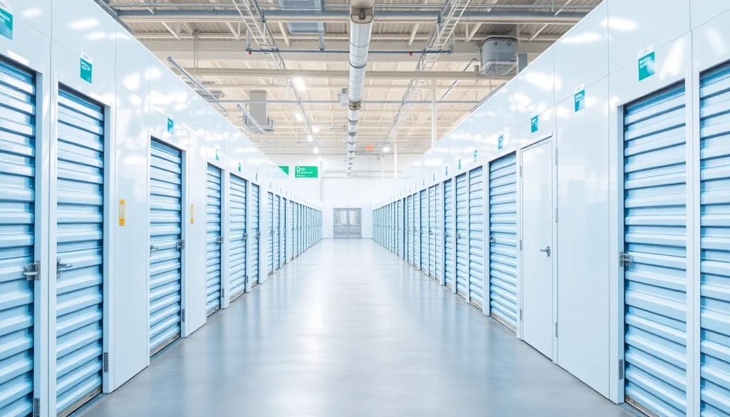 View of organized self storage units showcasing clean, modern design and bright atmosphere.