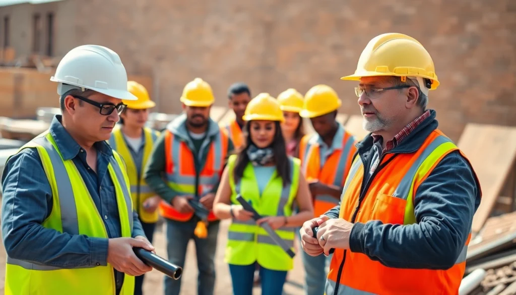 Enhance your skills with construction training as diverse trainees learn hands-on at a building site.