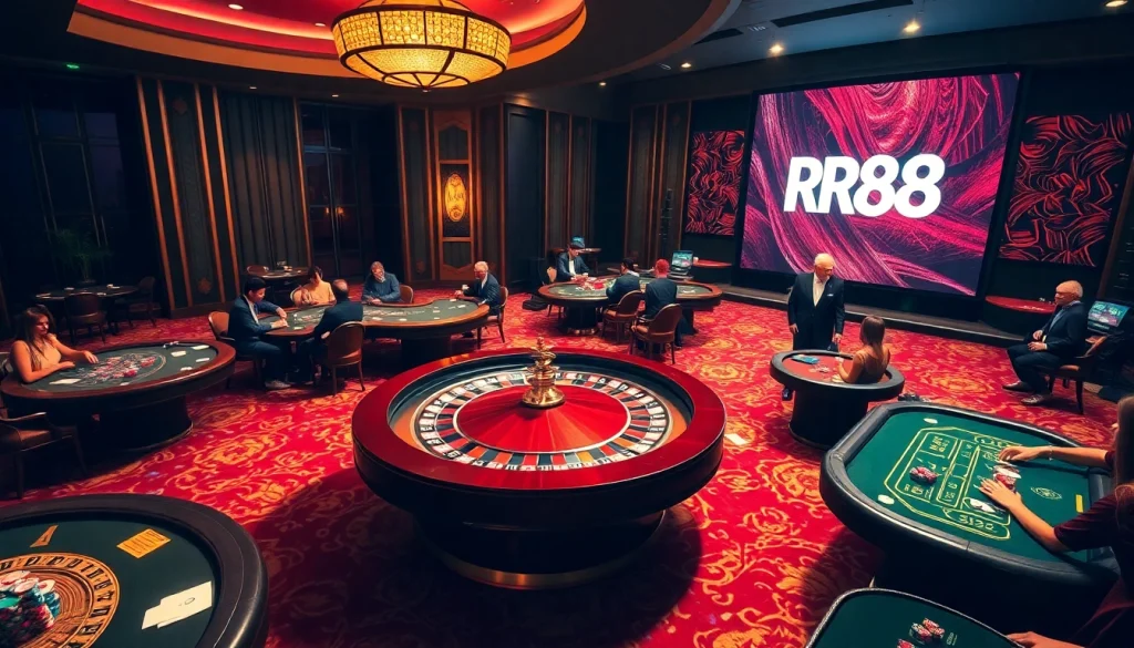 Players engaging in high-stakes games at RR88's luxurious casino floor.