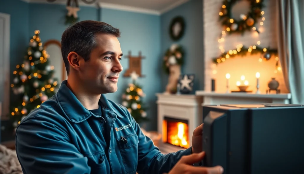 Prompt technician conducting emergency heating repair in a cozy living room with a fireplace.