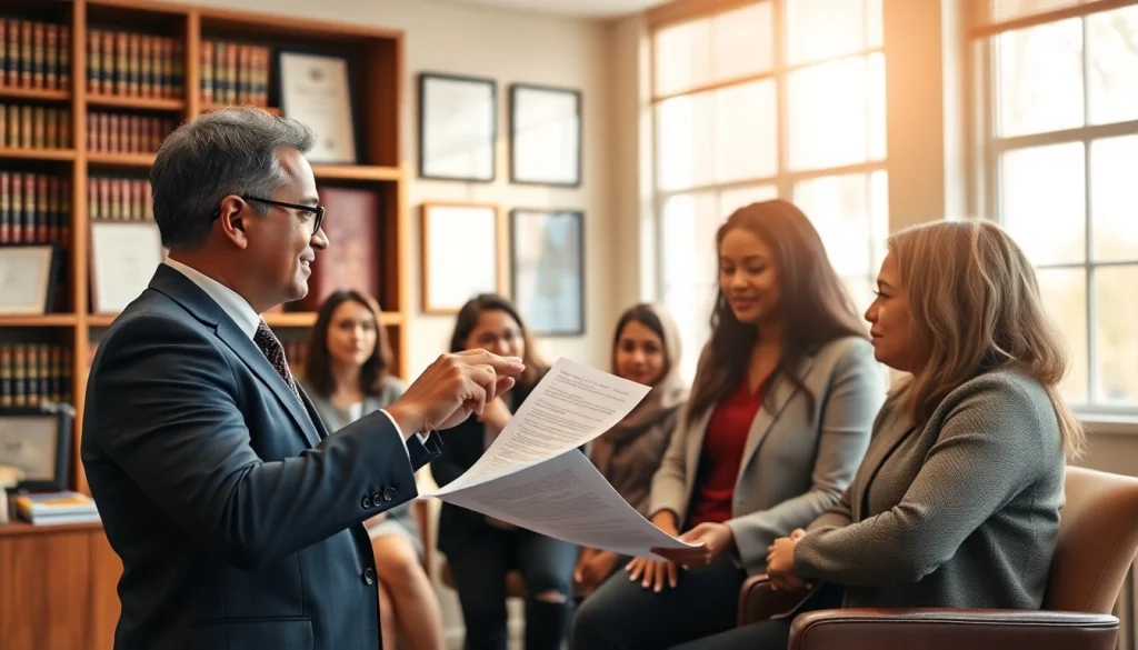 Virginia Immigration Lawyer assisting clients in a professional setting with legal documents.