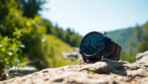 Showcasing the Explorer GPS Smart Watch on natural terrain, emphasizing its features and design.