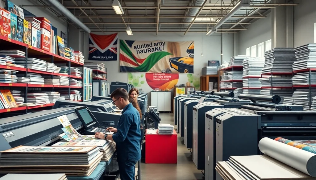 Showcase of Edmonton printing services with vibrant staff and colorful printed materials.