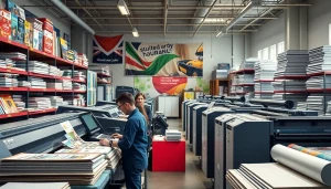 Showcase of Edmonton printing services with vibrant staff and colorful printed materials.