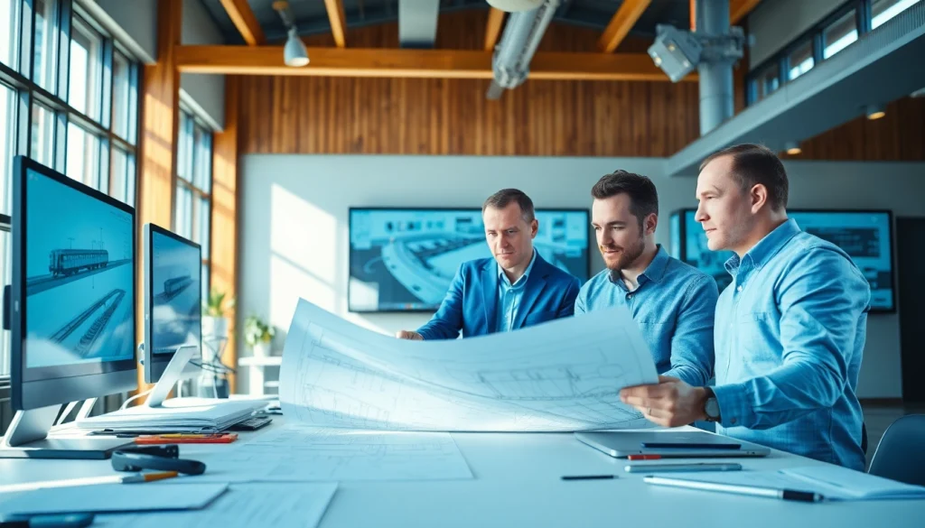 Railroad Design Consultants collaborating on innovative rail systems in a bright office environment.